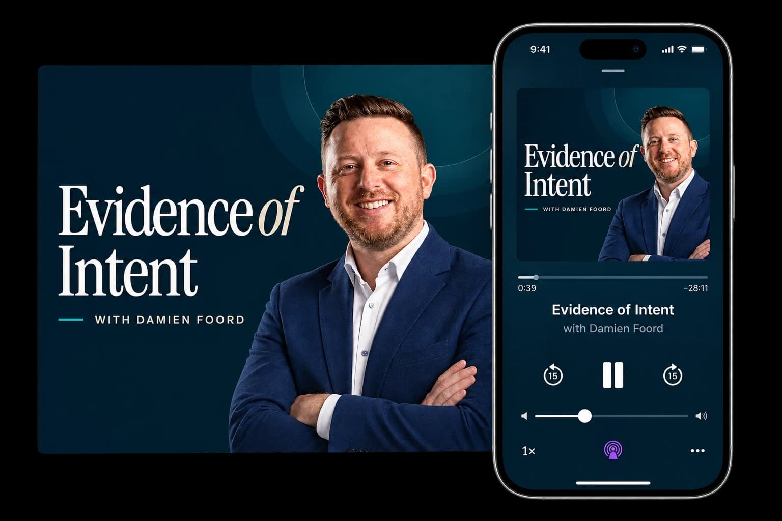 Evidence of Intent with Damien Foord: show artwork and the episode playing on a phone